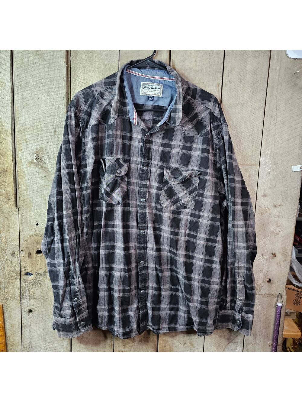 Flag & Anthem Plaid Snap Front Shirt Mens XXL Gray Black Western Flannel